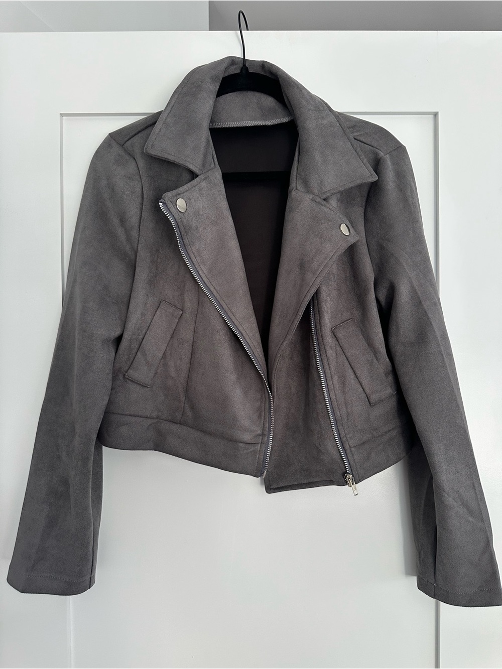 SHEIN Gray Suede Moto Jacket with Silver Hardware